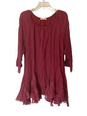 Indigo Soul Burgundy Tunic Dress Crochet Hem 3/4 Sleeves Flowy Fit XL